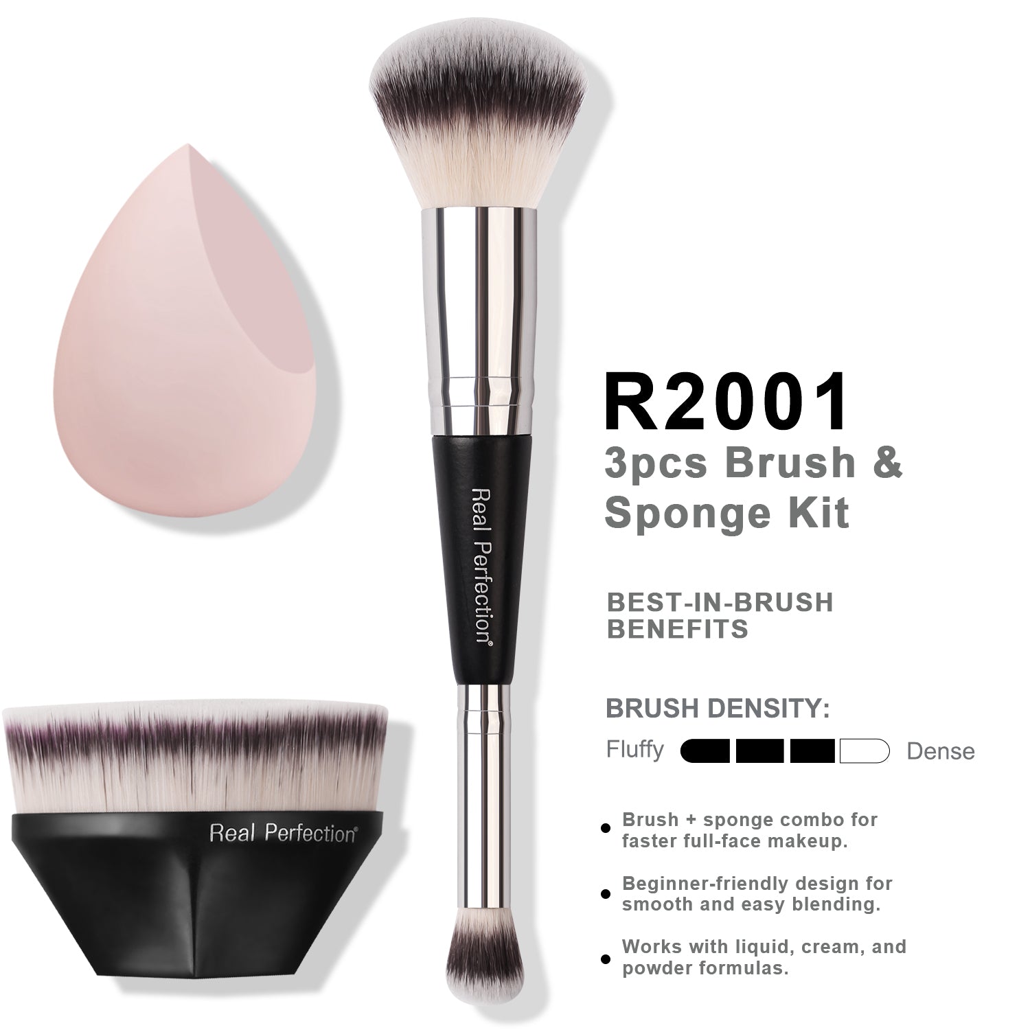 Conjunto de 3 peças de pincel kabuki para base, pincel e esponja